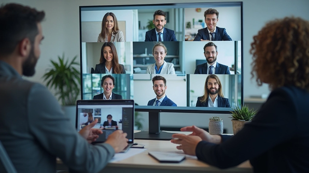 Team-Videokonferenz mit mehreren Teilnehmern, professionelle Videoübertragung, helles digitales Interface