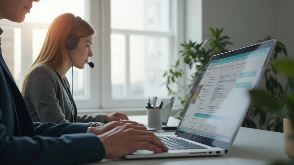 Moderner Arbeitsplatz mit Laptop und digitalem Kommunikations-Setup, helles Büro mit Fensterblick, natürliche Beleuchtung