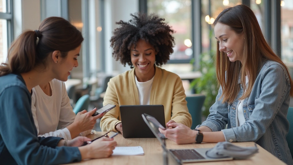 Verschiedene Menschen nutzen digitale Geräte und Apps in modernem Umfeld, zeigt digitale Vielfalt und Engagement, helles Licht