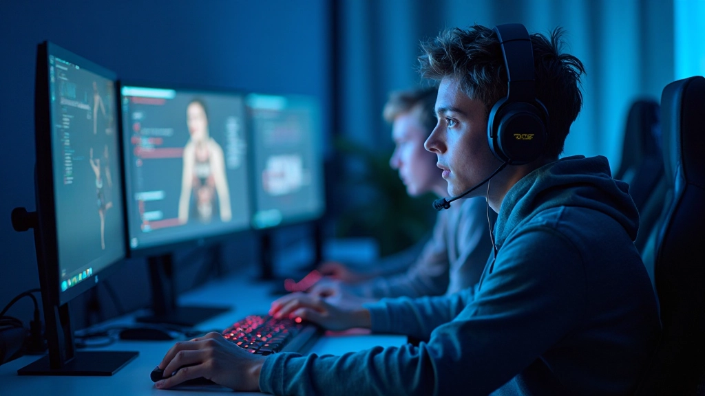 Professionelles Foto eines jungen Gamers mit Headset und Gaming-Peripherie beim Online-Spielen