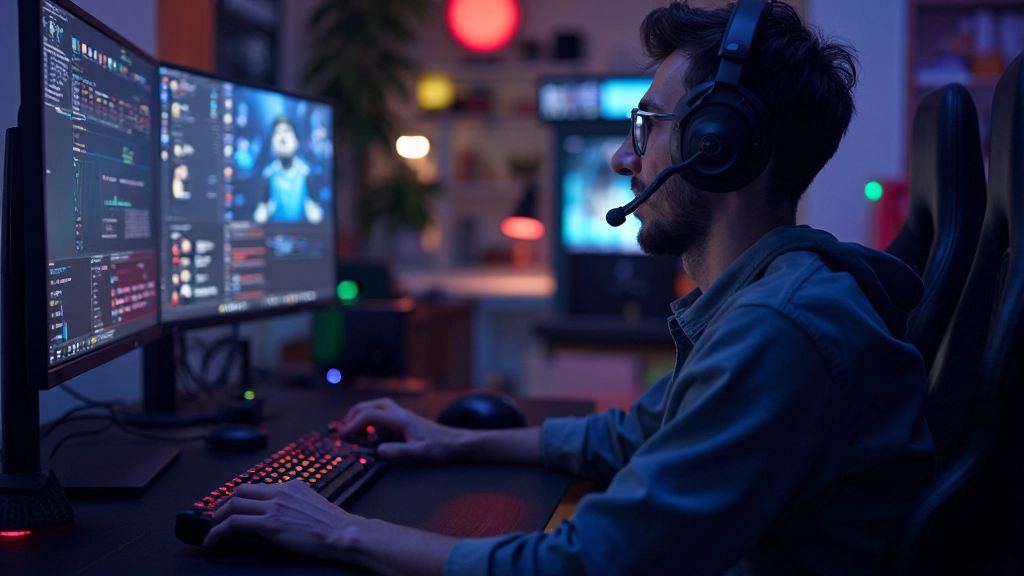 Gamer an Desktop-Setup mit Monitor, Tastatur, Maus und Gaming-Headset, LED-Beleuchtung, immersive Gaming-Umgebung, professionelle Aufnahme