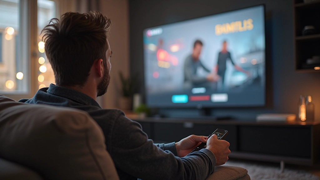 Professionelles Foto eines Mannes, der Streaming-Dienste auf einem großen Bildschirm nutzt