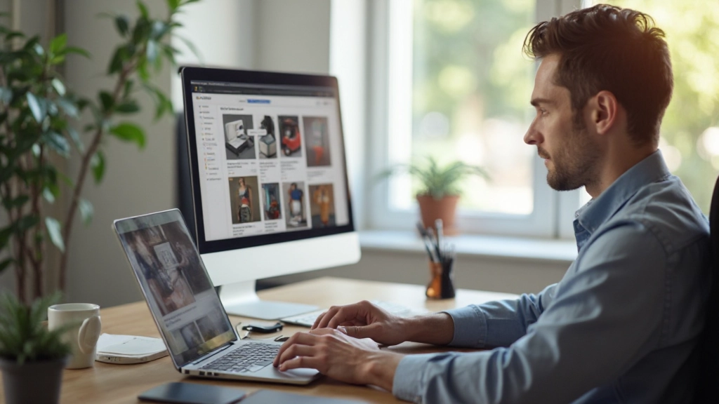 Professionelles Foto eines Mannes, der online einkauft und auf einem Laptop verschiedene Produkte durchsucht