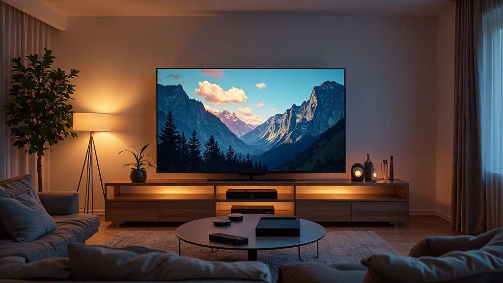 Heimkino-Setup mit großem Fernseher, bequemem Sofa und modernem Streaming-Gerät, warme Beleuchtung, gemütliches Wohnzimmer, Innenaufnahme