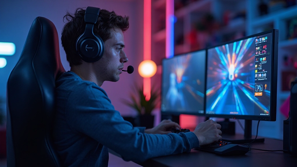Gamer spielt Online-Multiplayer-Spiel mit Headset und professionellem Gaming-Setup, konzentrierter Ausdruck, moderner Spielraum
