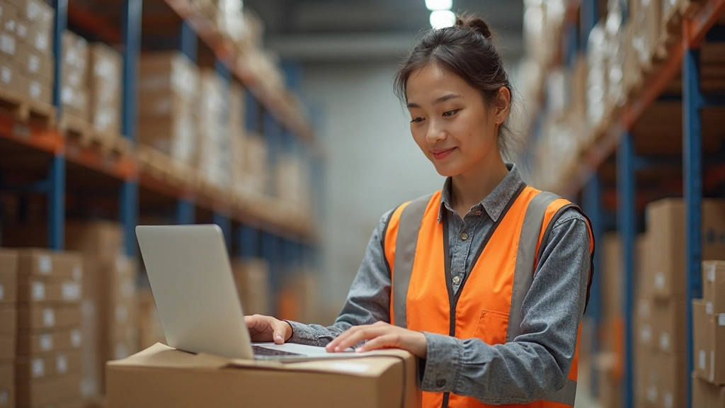 Professionelles Foto einer Frau in einem modernen Lagerzentrum, die ein Paket für den Versand vorbereitet